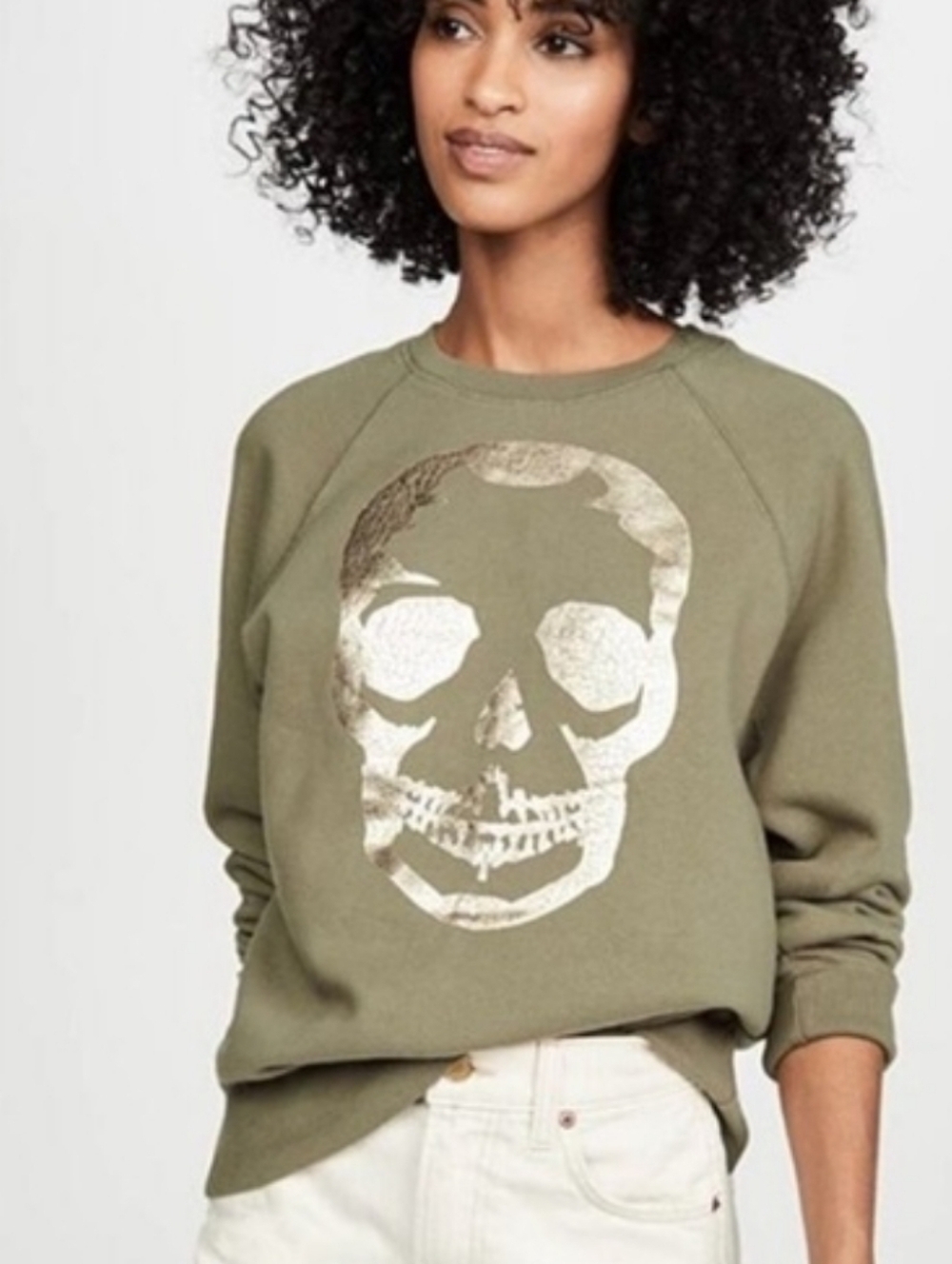 Zadig & Voltaire Olive Green Crewneck Sweatshirt  Metallic Skull Sz M Casual